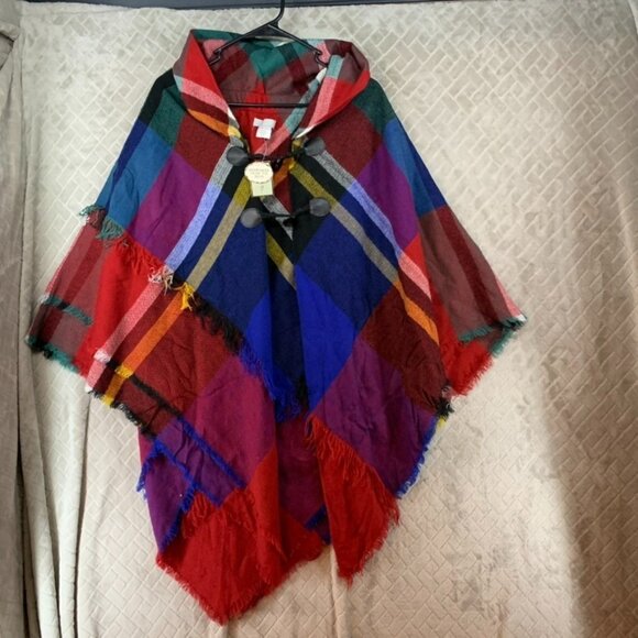 Lake Shore Drive Sweaters - Lake Shore Drive Womens Poncho Toggle Closure Colorful Plaid Fringe Cottage Core